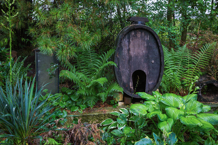 old vine barrel in the gardenの写真素材