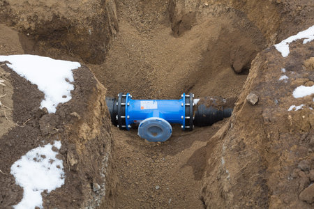 blue water pipe in a pit