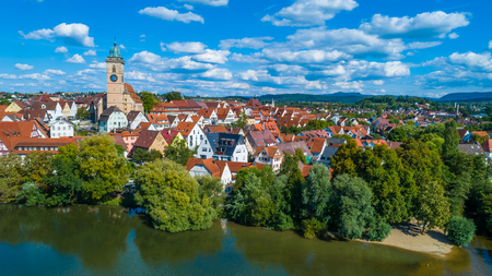 View to the old town of the city Nuertingen at the river Neckarの写真素材