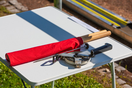 detail of the red flag of the judge in shot putの写真素材