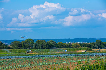 Filder plains with fields, tractors harvesting and airplane landing