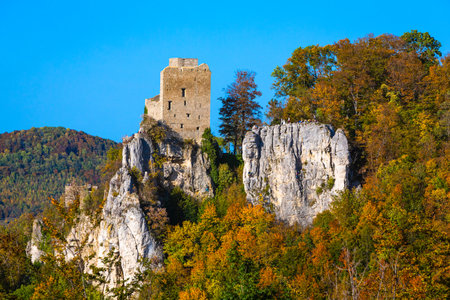 castle Reusenstein at the Swabian Alb in Germany in fall with colorful treesのeditorial素材