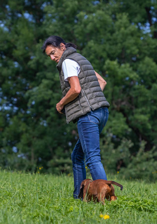 trainer looks back to puppy sniffer dog if it can followの写真素材