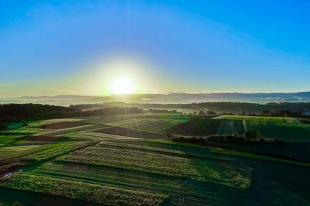 sunrise with mist on colorful fields in the morning