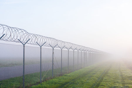 long fence border with barbed wire in mist