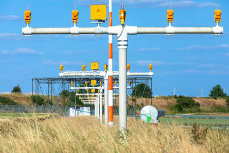 Approach lighting on the field near the airport on a summer day with blue skyの写真素材