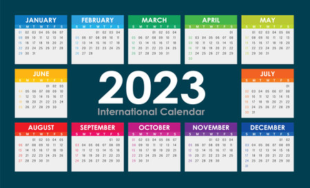 2023 Calendar Vector, English International version Colorfulのイラスト素材