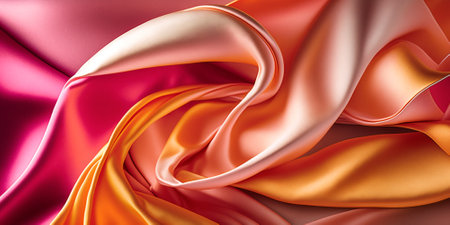 Closeup of rippled silk fabric in red and orange colorsの素材