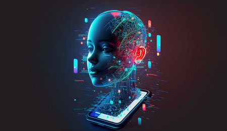 Artificial intelligence in humanoid head. Generative bot for creating ideas, editing, searching for questions. Internet technology. Information technology. Robotics chatterbot smart robotic generative aiの素材