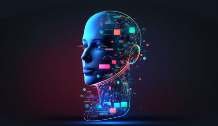 Artificial intelligence in humanoid head. Generative bot for creating ideas, editing, searching for questions. Internet technology. Information technology. Robotics chatterbot smart robotic generative aiの素材
