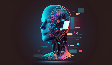 Artificial intelligence in humanoid head. Generative bot for creating ideas, editing, searching for questions. Internet technology. Information technology. Robotics chatterbot smart robotic generative aiの素材