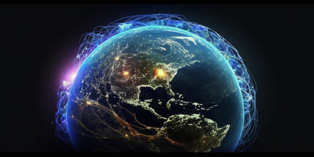 image of the planet Earth in space experimental fiber-optic communications and Internet communications, generative AIの素材