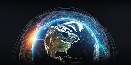 image of the planet Earth in space experimental fiber-optic communications and Internet communications, generative AIの素材