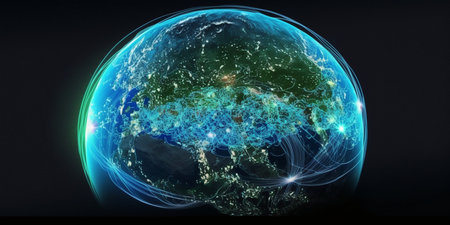 image of the planet Earth in space experimental fiber-optic communications and Internet communications, generative AIの素材