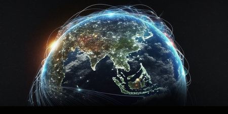 image of the planet Earth in space experimental fiber-optic communications and Internet communications, generative AIの素材