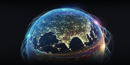 image of the planet Earth in space experimental fiber-optic communications and Internet communications, generative AIの素材