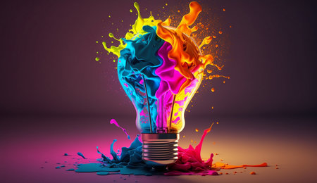 a colorful glowing 3d idea bulb lamp; visualization of brainstorming, bright idea and creative thinking, generative aiの素材