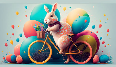 A cute cheerful rabbit holds an egg and rides a bicycle on the occasion of Easter celebration, creative illustration, Generative AIの素材