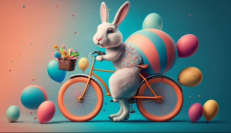 A cute cheerful rabbit holds an egg and rides a bicycle on the occasion of Easter celebration, creative illustration, Generative AIの素材