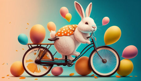 A cute cheerful rabbit holds an egg and rides a bicycle on the occasion of Easter celebration, creative illustration, Generative AIの素材