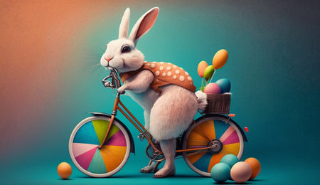 A cute cheerful rabbit holds an egg and rides a bicycle on the occasion of Easter celebration, creative illustration, Generative AIの素材