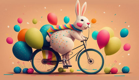 A cute cheerful rabbit holds an egg and rides a bicycle on the occasion of Easter celebration, creative illustration, Generative AIの素材