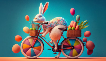 A cute cheerful rabbit holds an egg and rides a bicycle on the occasion of Easter celebration, creative illustration, Generative AIの素材