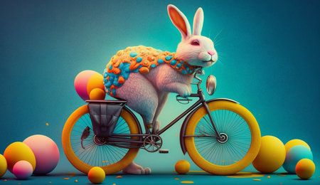 A cute cheerful rabbit holds an egg and rides a bicycle on the occasion of Easter celebration, creative illustration, Generative AIの素材