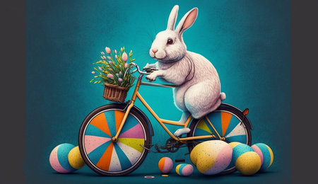 A cute cheerful rabbit holds an egg and rides a bicycle on the occasion of Easter celebration, creative illustration, Generative AIの素材