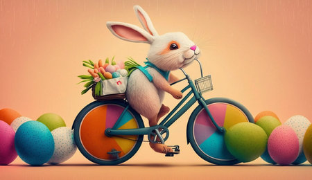 A cute cheerful rabbit holds an egg and rides a bicycle on the occasion of Easter celebration, creative illustration, Generative AIの素材