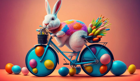 A cute cheerful rabbit holds an egg and rides a bicycle on the occasion of Easter celebration, creative illustration, Generative AIの素材