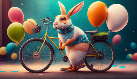 A cute cheerful rabbit holds an egg and rides a bicycle on the occasion of Easter celebration, creative illustration, Generative AIの素材