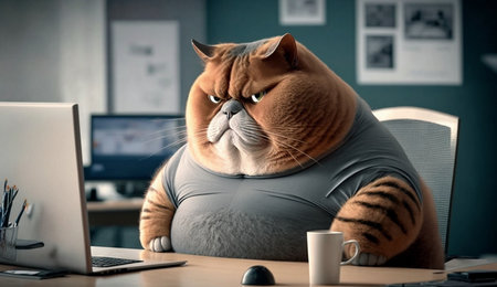 A fat cat is sitting at the office table in front of a computer. Sedentary lifestyle concept, generative aiの素材