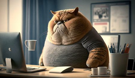 A fat cat is sitting at the office table in front of a computer. Sedentary lifestyle concept, generative aiの素材