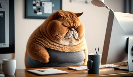 A fat cat is sitting at the office table in front of a computer. Sedentary lifestyle concept, generative aiの素材