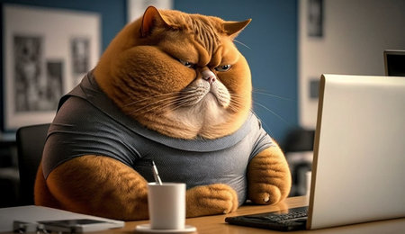 A fat cat is sitting at the office table in front of a computer. Sedentary lifestyle concept, generative aiの素材