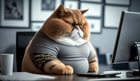 A fat cat is sitting at the office table in front of a computer. Sedentary lifestyle concept, generative aiの素材