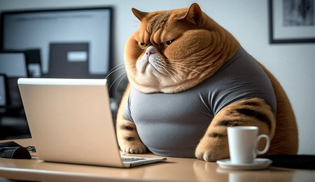 A fat cat is sitting at the office table in front of a computer. Sedentary lifestyle concept, generative aiの素材