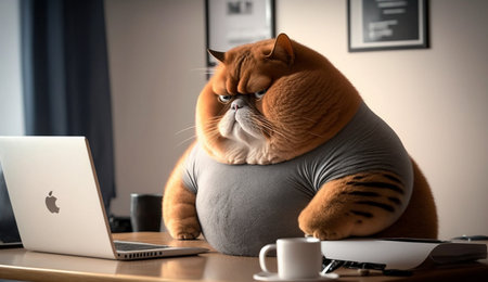 A fat cat is sitting at the office table in front of a computer. Sedentary lifestyle concept, generative aiの素材