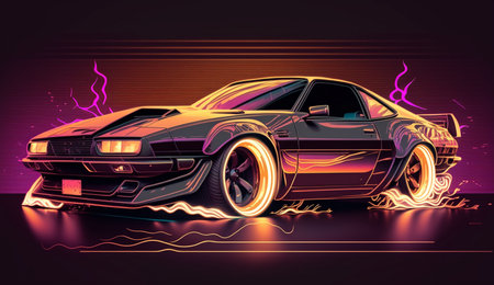 Cyberpunk Futuristic retro wave synth wave car; Retro sports car with neon backlight contours. Generative aiの素材