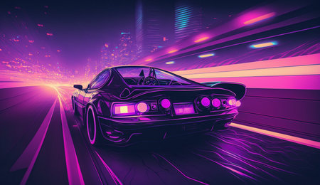 Cyberpunk Futuristic retro wave synth wave car; Retro sports car with neon backlight contours. Generative aiの素材