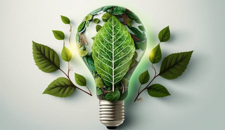 Eco friendly lightbulb from fresh leaves top vie; concept of Renewable Energy and Sustainable Living; created with Generative AI technologyの素材