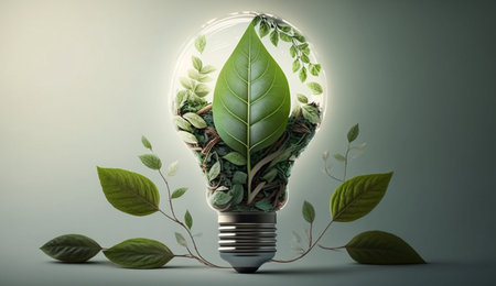 Eco friendly lightbulb from fresh leaves top vie; concept of Renewable Energy and Sustainable Living; created with Generative AI technologyの素材