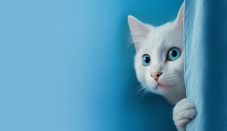 Frightened cat peeks out from behind a corner on a blue background; with copy space; created with Generative AI technologyの素材