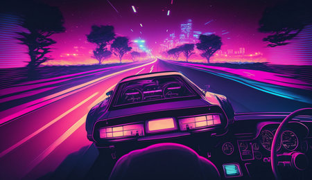 Cyberpunk Futuristic retro wave synth wave car; Retro sports car with neon backlight contours. Generative aiの素材