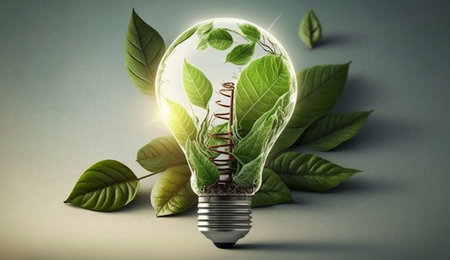 Eco friendly lightbulb from fresh leaves top vie; concept of Renewable Energy and Sustainable Living; created with Generative AI technologyの素材