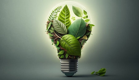 Eco friendly lightbulb from fresh leaves top vie; concept of Renewable Energy and Sustainable Living; created with Generative AI technologyの素材