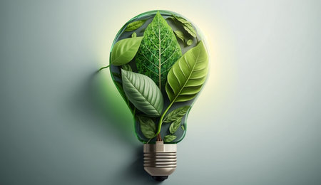 Eco friendly lightbulb from fresh leaves top vie; concept of Renewable Energy and Sustainable Living; created with Generative AI technologyの素材