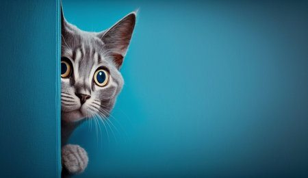 Frightened cat peeks out from behind a corner on a blue background; with copy space; created with Generative AI technologyの素材