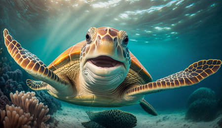 Portrait of a happy sea turtle swimming underwater. Generative AIの素材